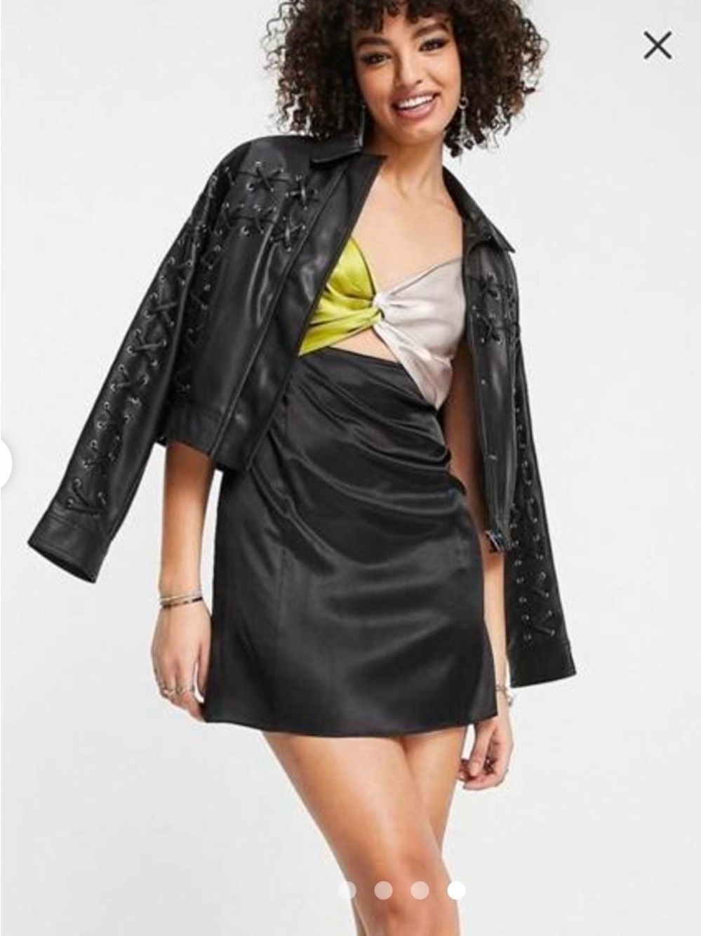 Topshop Two-Tone Twist Mini Dress in Black, Lime & Rose Pink